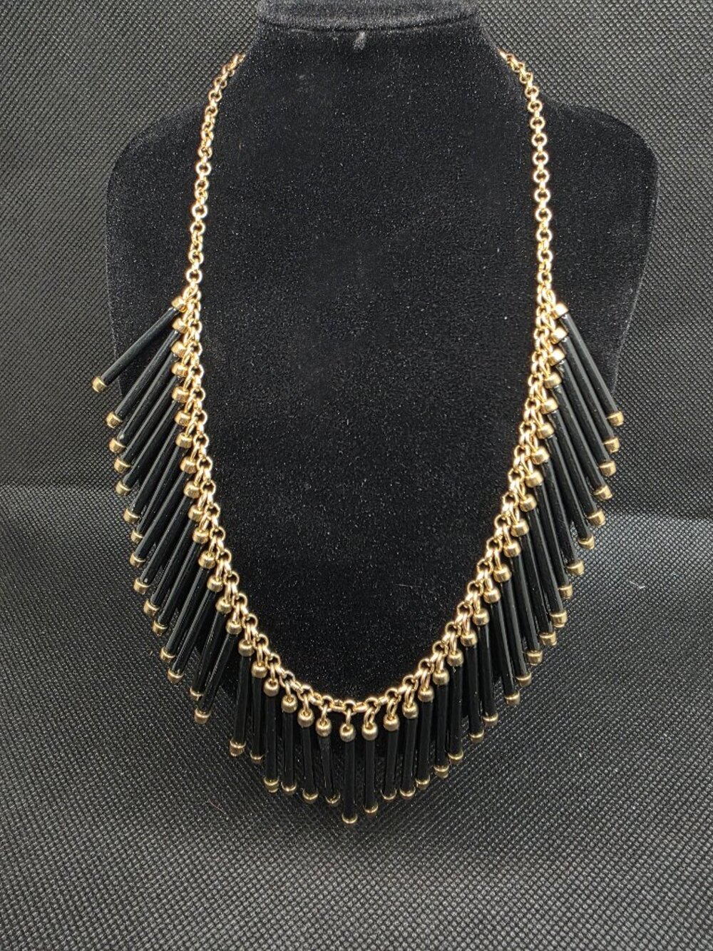 Vintage Black Spike Fringe Statement Necklace Gold Tone Adjustable 18-21"